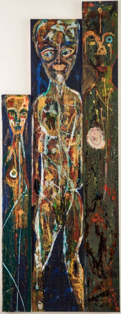 Visiting Figures – Tryptich Panel;  191.5x71.9x2.4cm;  acrylic & ink on board