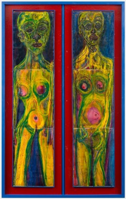 Thetwomen;  141.2x90.2x2.5cm;  oil pastel on paper fixed to board